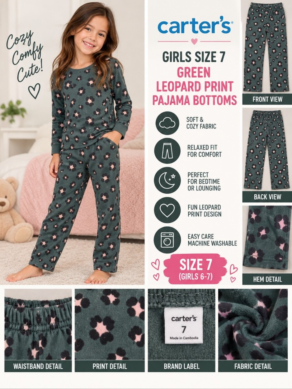 Carters girls size 7 green leopard print pajama bottoms #34